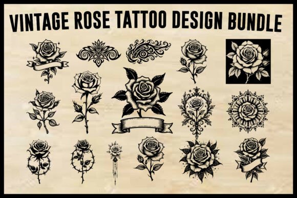 Vintage Rose Tattoo Design Bundle: 15 Graphics for Bold Projects